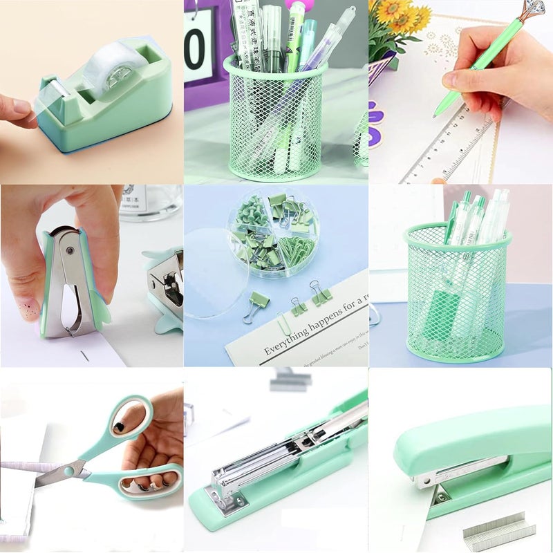 Famassi Green Office Supplies, Purple Desk Accessories, Stapler, Staple Remover, Tape Holder, Pen Holder, Ballpoint Pen, Scissor, Binder Clips, Paper Clips and 1000pcs Staples. - Image 5